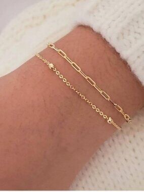 14k Gold Plated 2pc Paperclip Beaded Bracelet Set